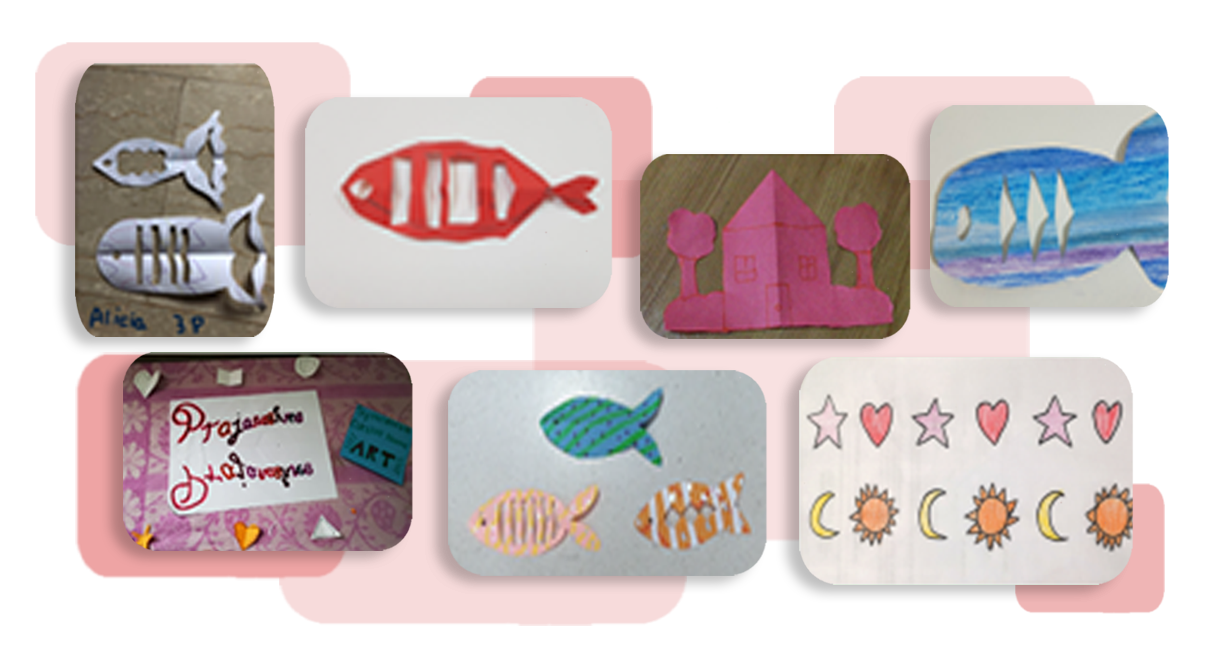 Seven samples of Primary 3 and 4 students' work showcasing creative art projects. The pieces include fish and house shapes made from cut and folded paper, colourful drawn fish with stripe patterns, a decorated art portfolio cover, and repeating patterns using stars, hearts, suns, and moons, demonstrating students' skills in symmetry, patterns, and craft.
